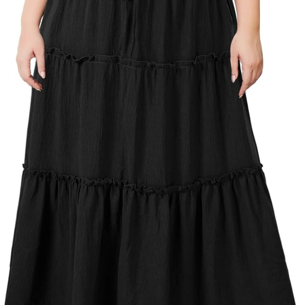 Women's Plus Size Maxi Skirt High Waisted Pleated A Line Flowy Tiered Long Skirt
